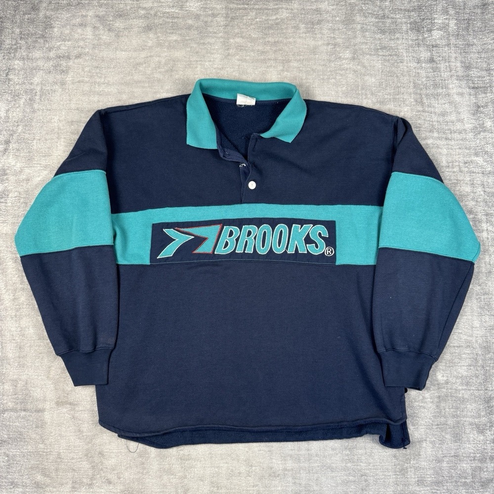 Brooks Running Sweatshirt Mens Large Blue Vtg 90s Spell Out Rugby Style Polo